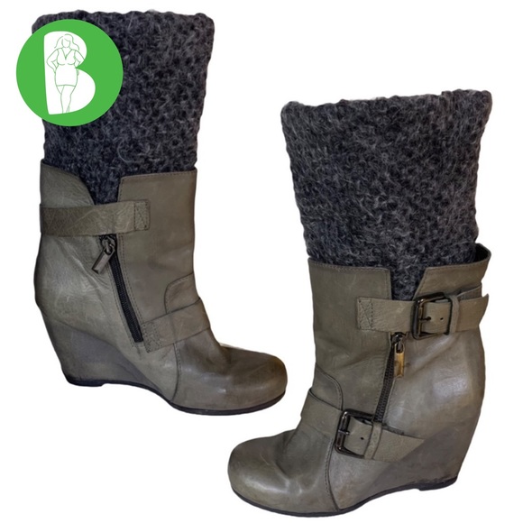 LATITUDE FEMME (ANTHROPOLOGIE) GRAY LEATHER WITH WOOL SOCK WEDGE HEEL BOOTS (36) - Picture 1 of 14